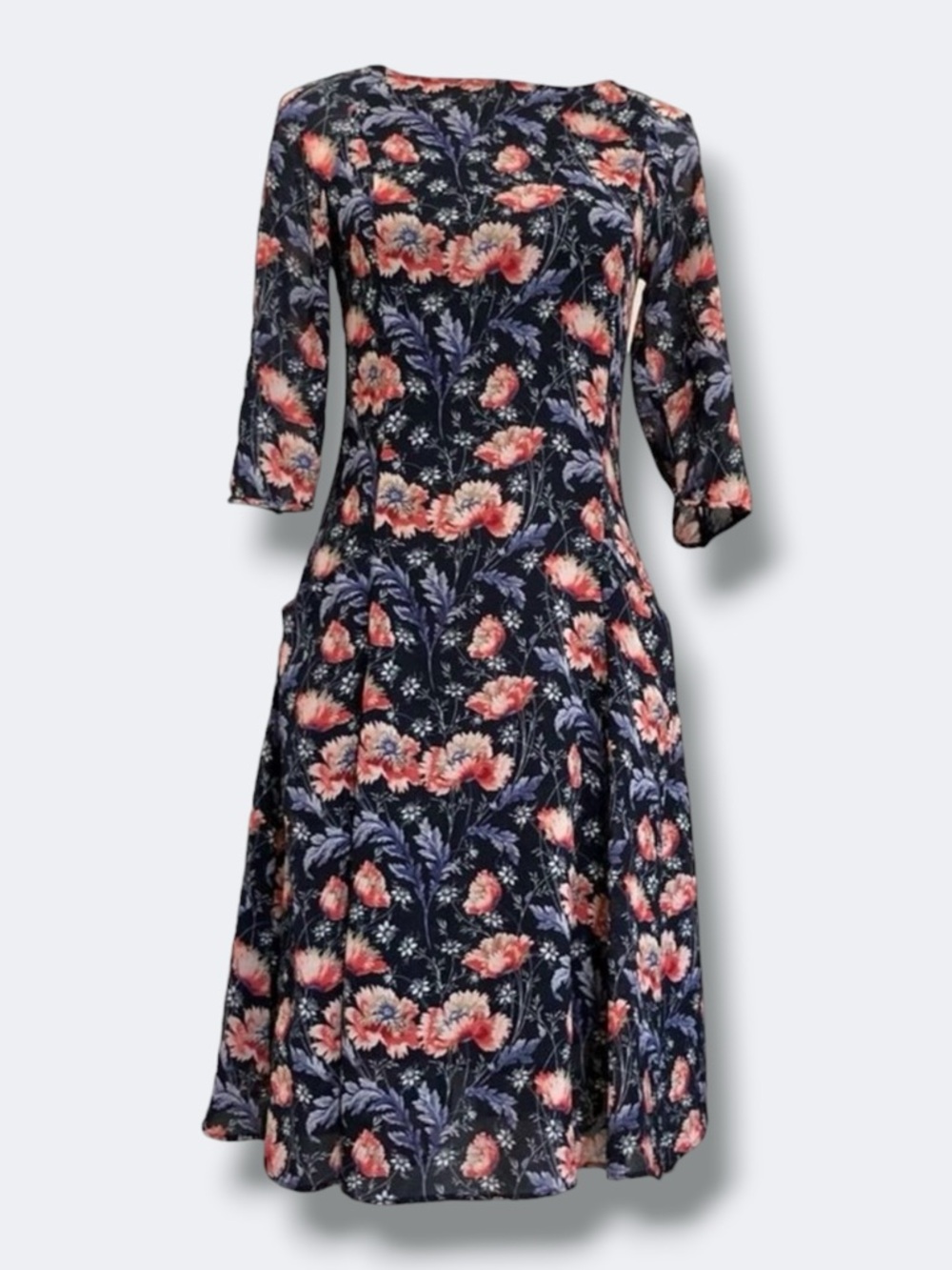 Zara Basic Dress Women’s Size XS Floral Fit & Flare Midi Blue Pockets